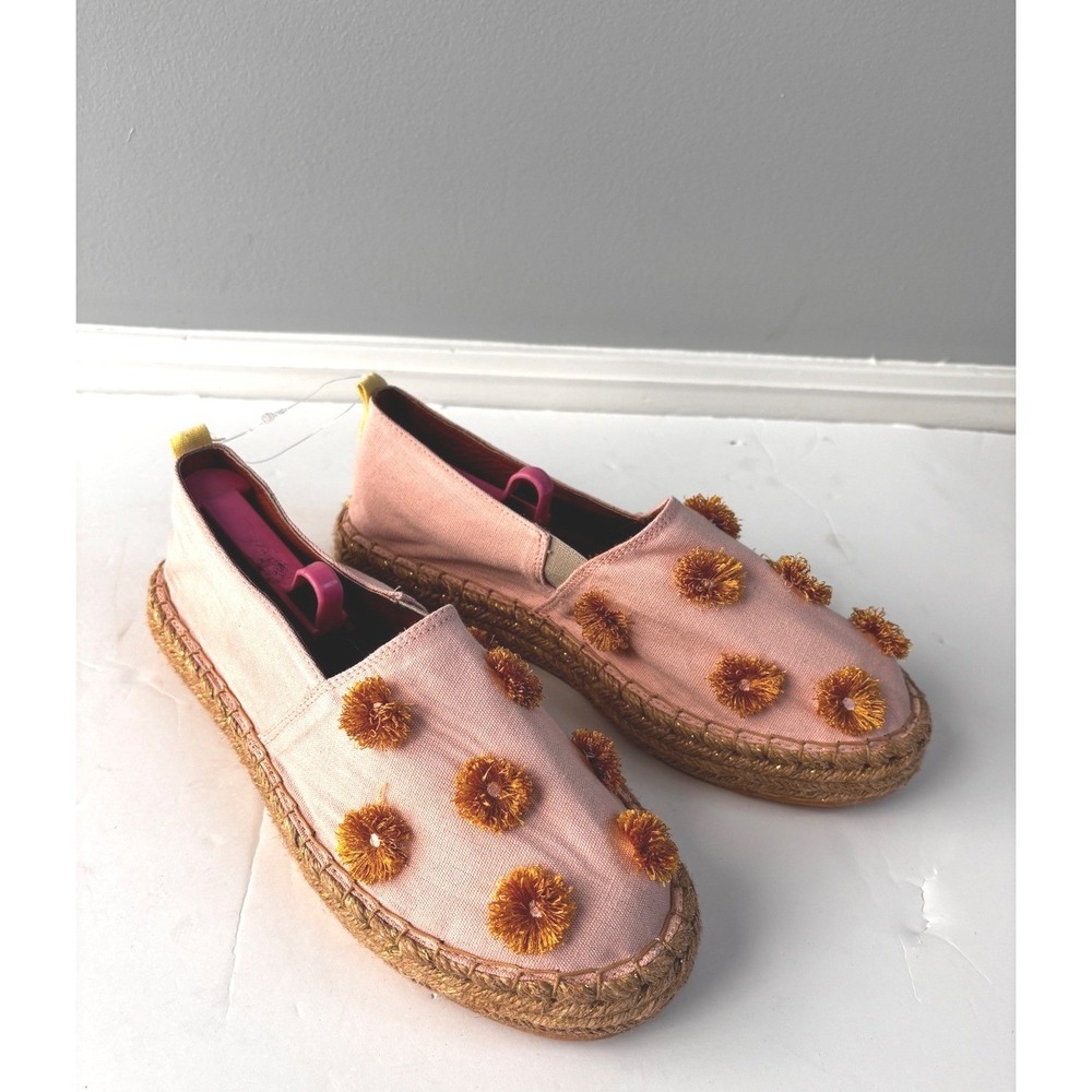 Espadrille Slip-On Flats with Pom Pom Accents - Pink